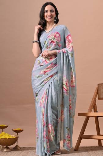 Women's grey floral print chiffon saree with unstitched piece