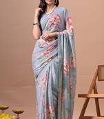 Women's grey floral print chiffon saree with unstitched piece