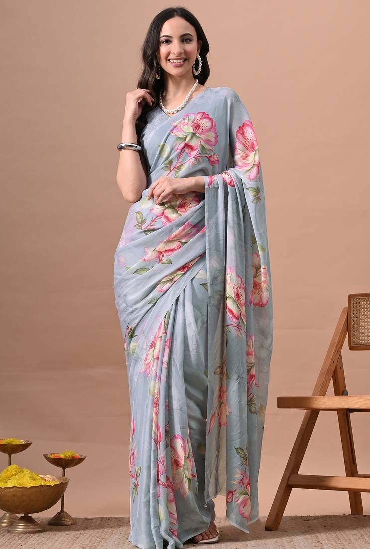 Women's grey floral print chiffon saree with unstitched piece