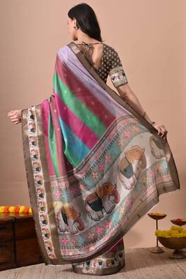 Women's multicolor stripes print cotton silk blend saree with unstitched piece 4
