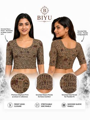Khaki warli printed inner cotton lining side (smocked) stretchable top readymade saree blouse 4