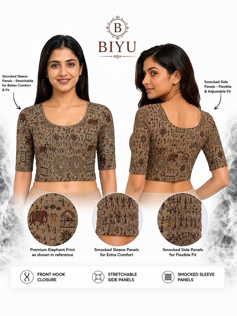 Khaki warli printed inner cotton lining side (smocked) stretchable top readymade saree blouse