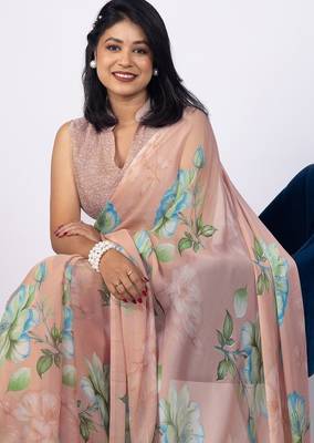 Women's peach floral print chiffon saree with unstitched piece 5