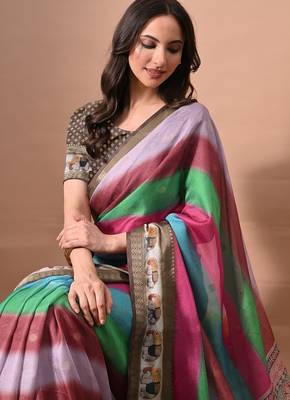 Women's multicolor stripes print cotton silk blend saree with unstitched piece 5