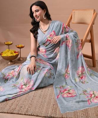 Women's grey floral print chiffon saree with unstitched piece 2