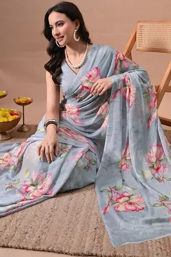Women's grey floral print chiffon saree with unstitched piece