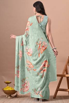 Women's green floral print chiffon saree with unstitched piece 3