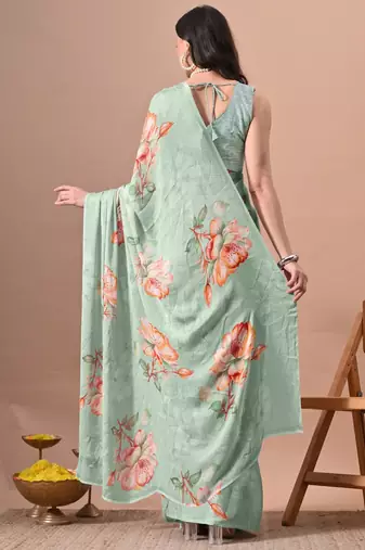 Women's green floral print chiffon saree with unstitched piece