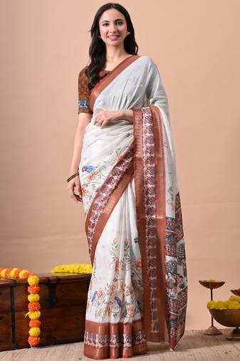 Women's off white quirky print cotton silk blend saree with unstitched piece