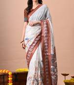 Women's off white quirky print cotton silk blend saree with unstitched piece