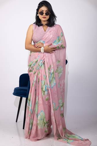 Women's pink floral print chiffon saree with unstitched piece
