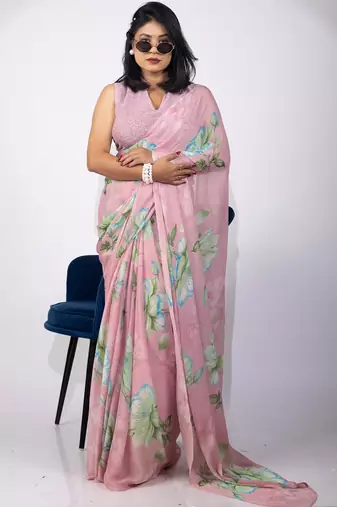 Women's pink floral print chiffon saree with unstitched piece