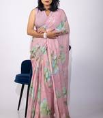 Women's pink floral print chiffon saree with unstitched piece