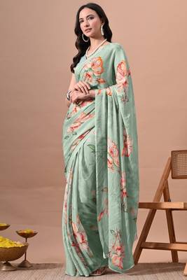 Women's green floral print chiffon saree with unstitched piece 4