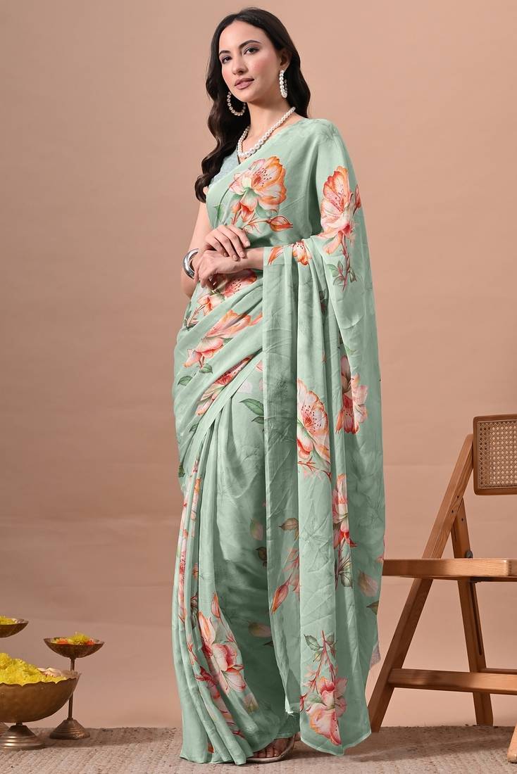 Women's green floral print chiffon saree with unstitched piece
