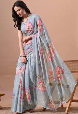 Women's grey floral print chiffon saree with unstitched piece 3