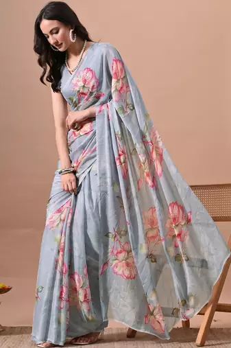 Women's grey floral print chiffon saree with unstitched piece
