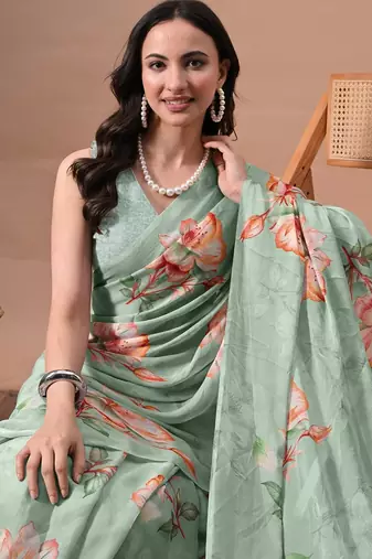Women's green floral print chiffon saree with unstitched piece