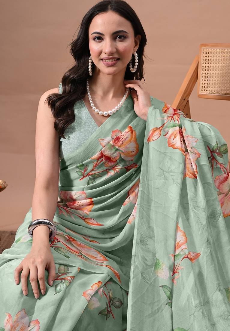 Women's green floral print chiffon saree with unstitched piece