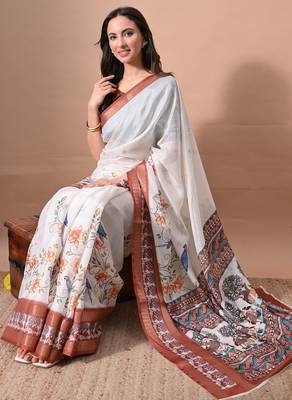 Women's off white quirky print cotton silk blend saree with unstitched piece 2