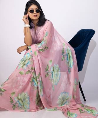 Women's pink floral print chiffon saree with unstitched piece 2