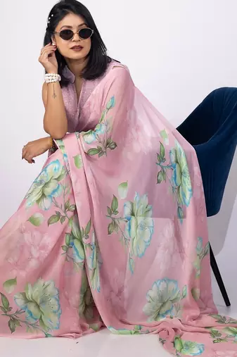Women's pink floral print chiffon saree with unstitched piece