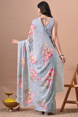 Women's grey floral print chiffon saree with unstitched piece 4