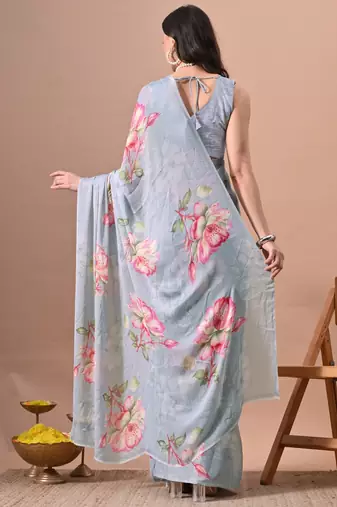 Women's grey floral print chiffon saree with unstitched piece