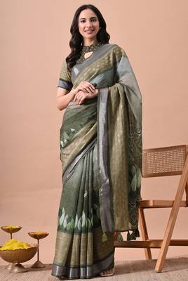 Women's green floral print cotton blend saree with unstitched piece 1