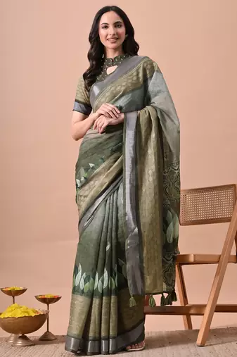 Women's green floral print cotton blend saree with unstitched piece