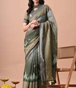 Women's green floral print cotton blend saree with unstitched piece