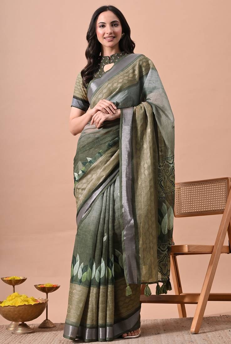 Women's green floral print cotton blend saree with unstitched piece