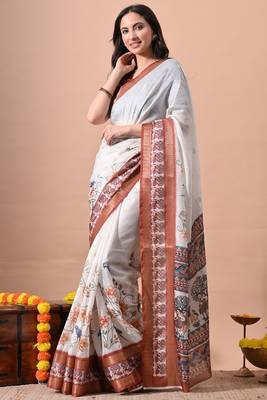 Women's off white quirky print cotton silk blend saree with unstitched piece 3