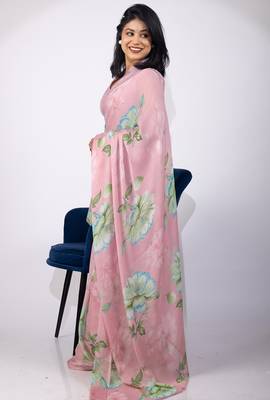 Women's pink floral print chiffon saree with unstitched piece 3