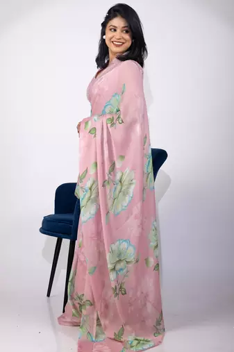 Women's pink floral print chiffon saree with unstitched piece