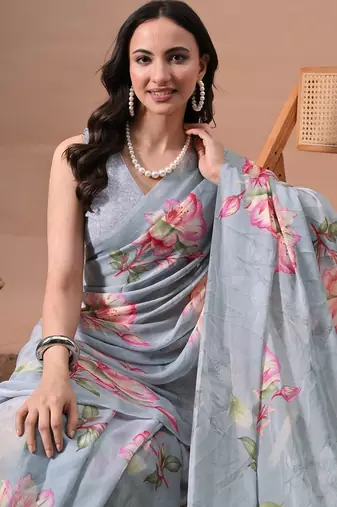 Women's grey floral print chiffon saree with unstitched piece