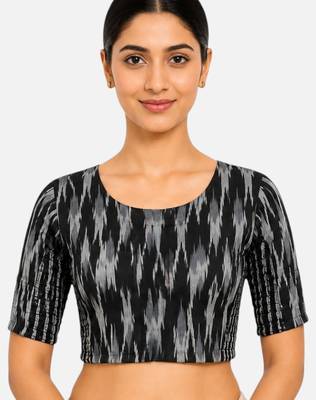 Black kalamkari ikkat printed inner cotton lining side (smocked) stretchable top readymade saree blouse 1