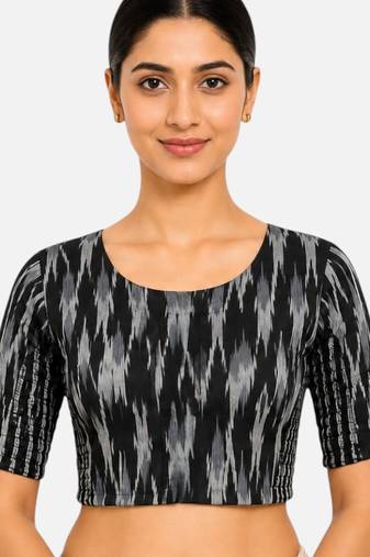 Black kalamkari ikkat printed inner cotton lining side (smocked) stretchable top readymade saree blouse