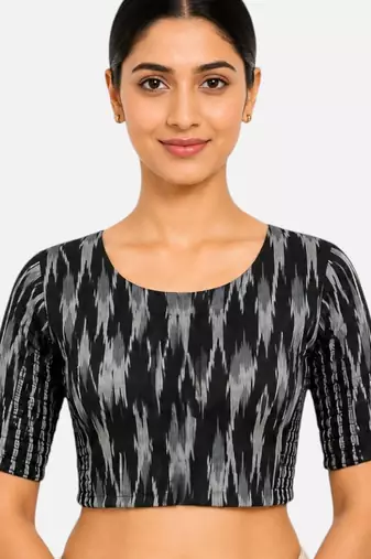 Black kalamkari ikkat printed inner cotton lining side (smocked) stretchable top readymade saree blouse