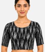 Black kalamkari ikkat printed inner cotton lining side (smocked) stretchable top readymade saree blouse