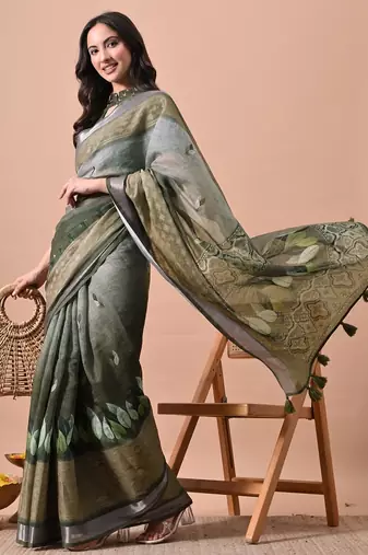 Women's green floral print cotton blend saree with unstitched piece