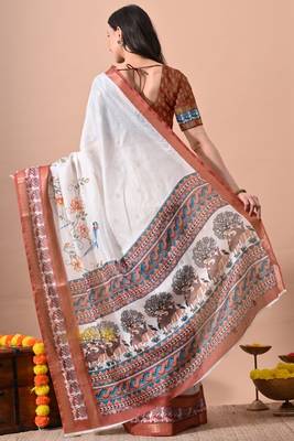 Women's off white quirky print cotton silk blend saree with unstitched piece 4