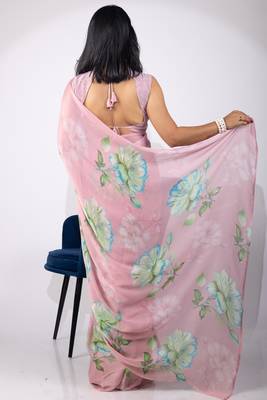 Women's pink floral print chiffon saree with unstitched piece 4