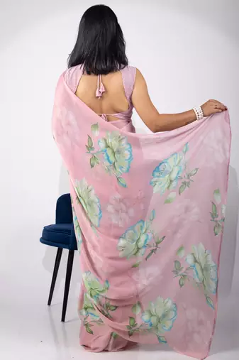 Women's pink floral print chiffon saree with unstitched piece