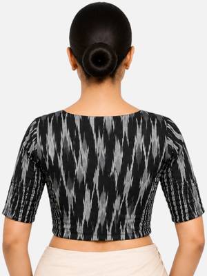 Black kalamkari ikkat printed inner cotton lining side (smocked) stretchable top readymade saree blouse 2