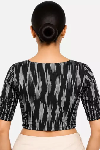 Black kalamkari ikkat printed inner cotton lining side (smocked) stretchable top readymade saree blouse