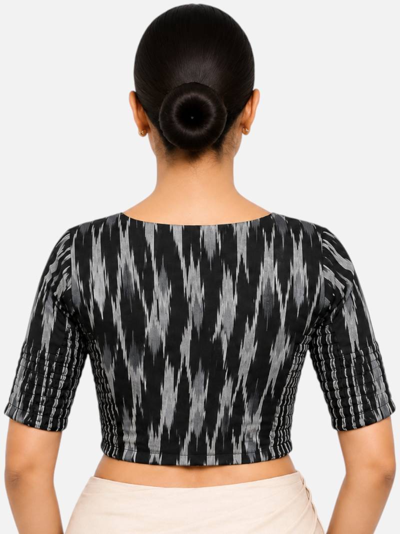 Black kalamkari ikkat printed inner cotton lining side (smocked) stretchable top readymade saree blouse