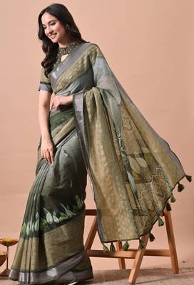 Women's green floral print cotton blend saree with unstitched piece 3