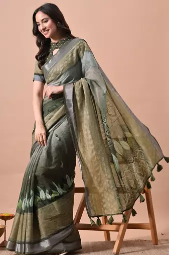 Women's green floral print cotton blend saree with unstitched piece