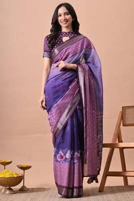 Women's purple floral print cotton blend saree with unstitched piece 1